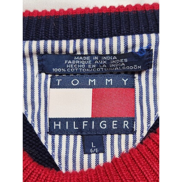 Vintage Tommy Hilfiger Men's Large 90s Pullover Striped Sweater Red Blue Preppy - Picture 3 of 7
